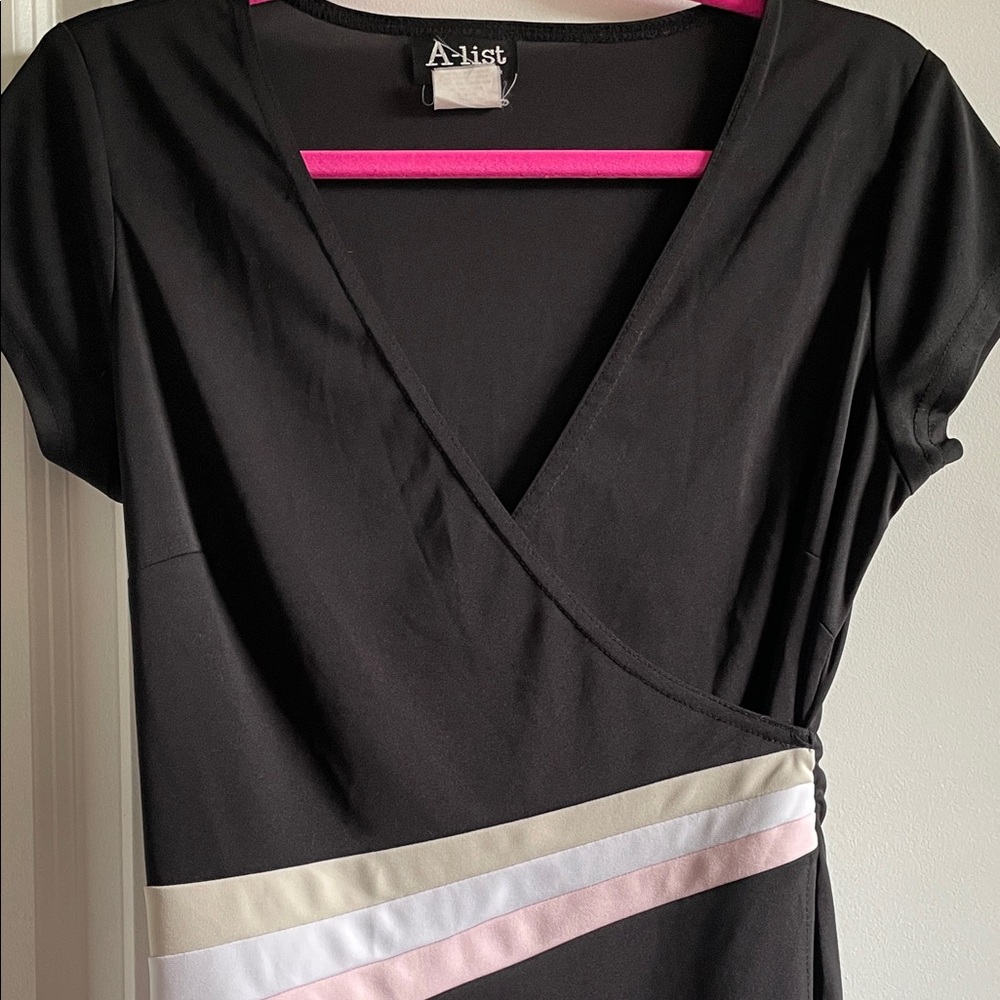 Vintage A-List Junior large (14) Black wrap Dress with Pink/White accent - Picture 3 of 10